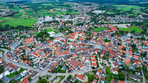 Aerial view of the old town of Geisenfeld in Germany on a sunny day in spring