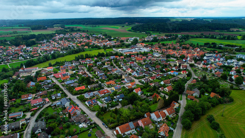 Aerial view of the old town of Lichtenau in Germany on a sunny day in spring