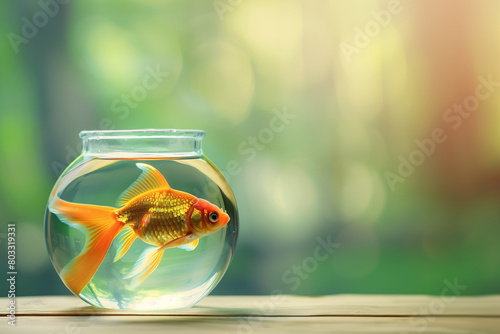 A side view photo of a goldfish in a sleek, round glass jar, placed on a light wooden surface, with a soft-focus green background to suggest a natural environment subtly, Generative AI