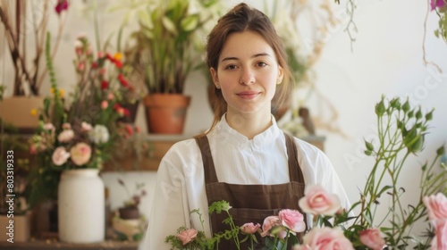 A woman standing in front of a bunch of flowers