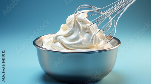 Whisking Cream in Blue Bowl on Blue Background photo