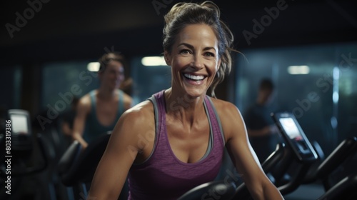 Radiant Woman Exercising on Treadmill in Gym Environment