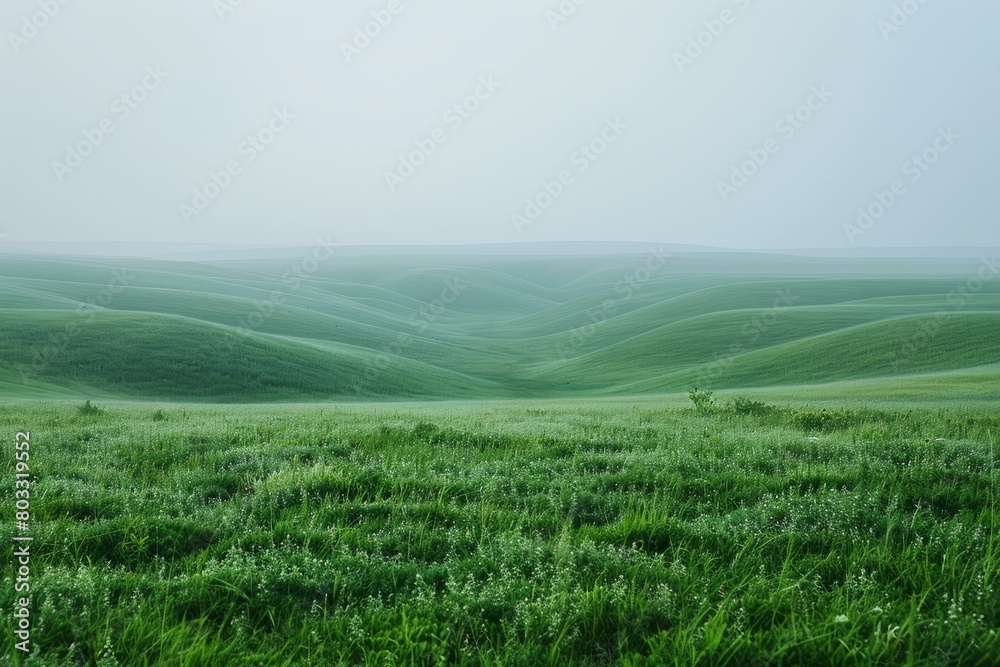 green rolling hills under white sky