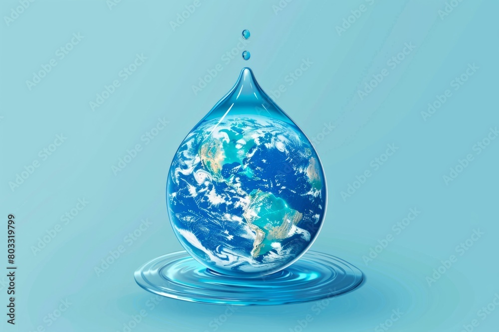 Obraz premium Planet earth inside water drop on blue background, clean environment concept