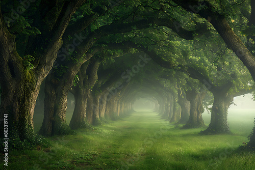arch alley of green oaks in the morning fog  spring summer landscape wallpaper  concept of calmness and mystery in nature
