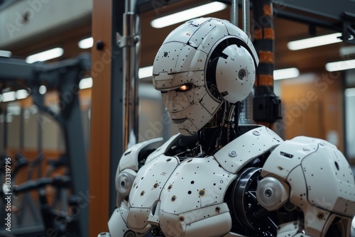 Humanoid robot in the gym, artificial intelligence concept © Michael