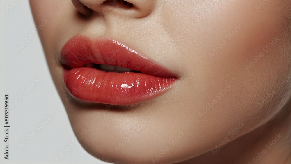 Obraz premium Woman's lips and red lipstick, close-up