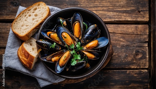 Plate of mussels on a wooden background.