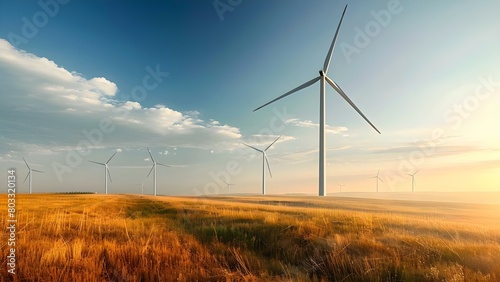 Scenic view of wind turbines generating electricity in a wind farm. Concept Renewable energy  Wind power  Sustainable technology  Clean energy  Environmental conservation
