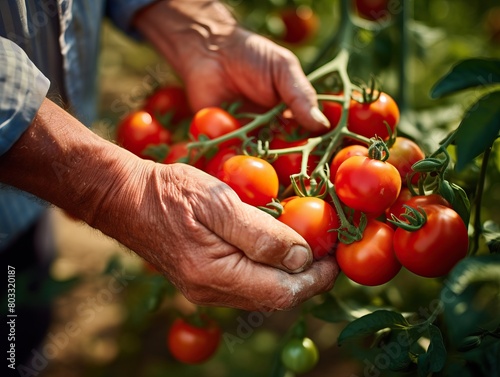 Close-up of farmer's hands harvesting ripe red tomatoes from bush
