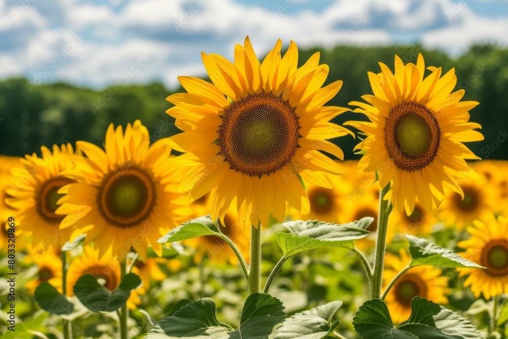 Field of sunflowers with a blue sky and white clouds in the background