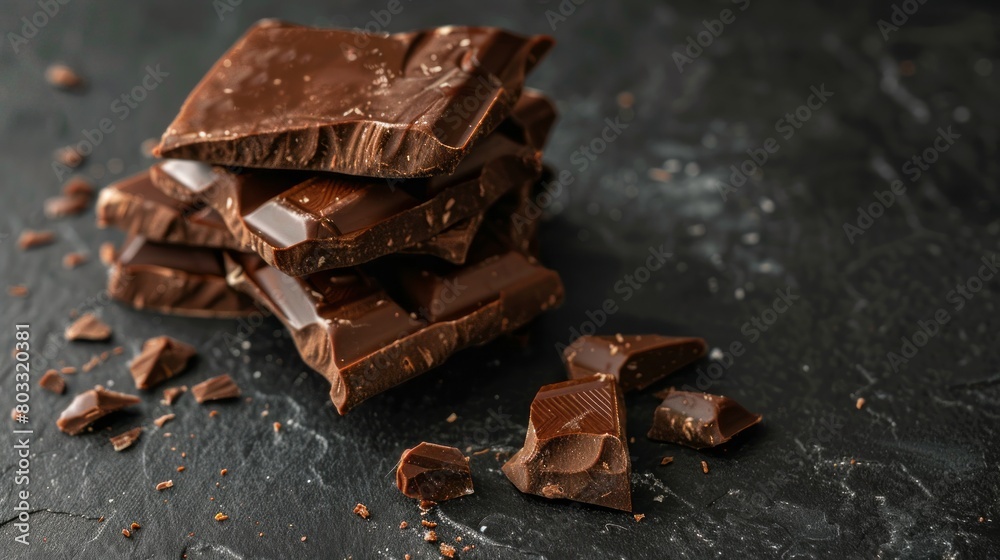 Chocolate bar pieces closeup. Sweet food photo concept with copy space. Chunks of broken chocolate stacked on black background