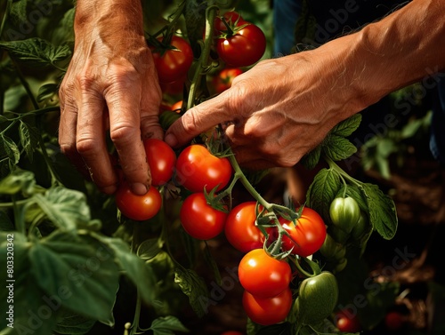 Close-up of farmer's hands harvesting ripe red tomatoes from bush