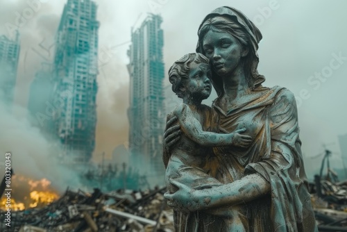 Mother and child monument in the ruins of a house after a bomb