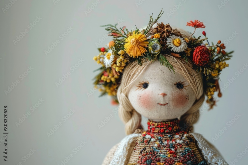 Ukrainian folk doll in national clothes and a flower wreath. Copy space for text Ukrainian folk doll in national clothes and a flower wreath. Copy space for text