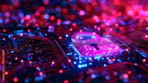 3D padlock symbol on glowing circuit board represents cybersecurity data protection tech. Concept Cybersecurity, Data Protection, 3D Modeling, Glowing Circuit Board, Padlock Symbol