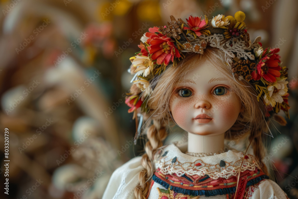 Ukrainian folk doll in national clothes and a flower wreath