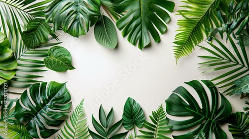 Vibrant tropical leaves frame forming heart shape  vibrant green shades evoke summer  wellness themes  environmental awareness  lush nature backdrop. Copy space.