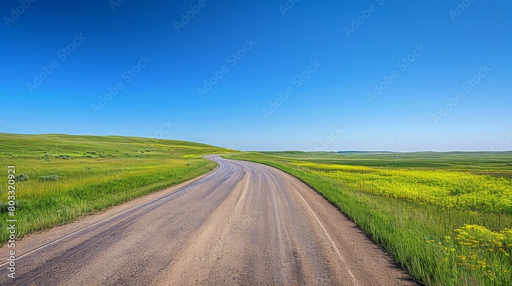 Beautiful winding road meandering through lush green hills under vibrant blue sky, perfect for springtime journeys and nature exploration. Copy space.