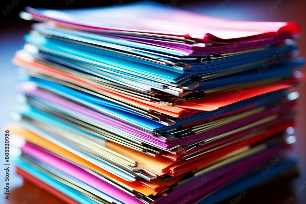 A stack of colorful files and folders on a desk A stack of colorful files and folders on a desk