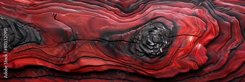 Vivid red and black abstract mahogany wooden texture resembling flowing lava, ideal for themes of nature's power and artistic expression. photo