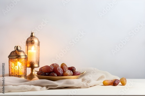 zeimage Glowing Lanterns Moon and Dates in Bowl in Ramadan