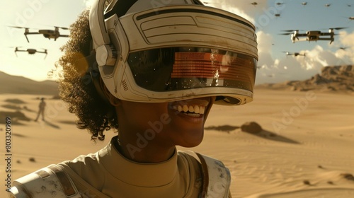 Joyful young woman in futuristic helmet, smiling with desert drones background, adventurous mood evoking freedom and exploration in technology-themed settings. © BrightWhite