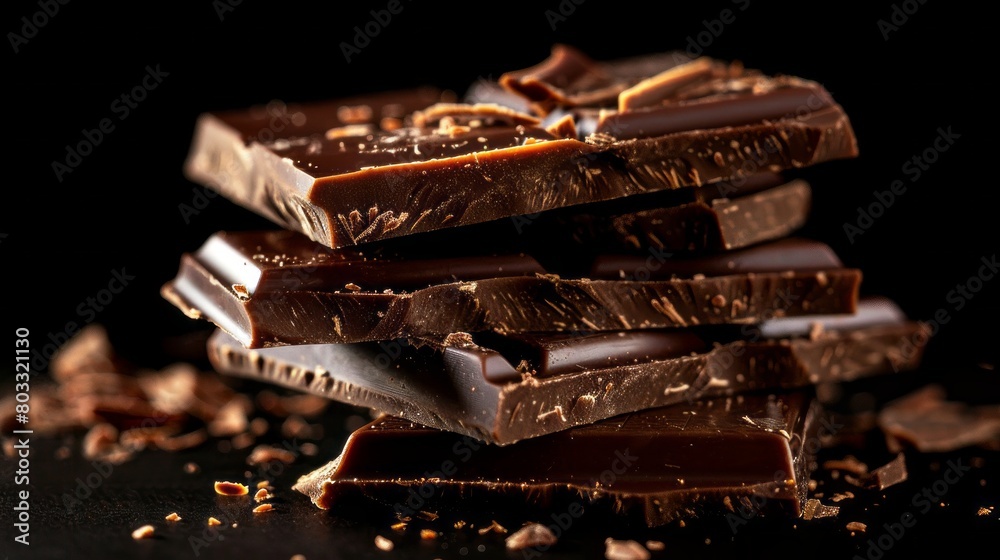 Chocolate bar pieces closeup. Sweet food photo concept with copy space. Chunks of broken chocolate stacked on black background