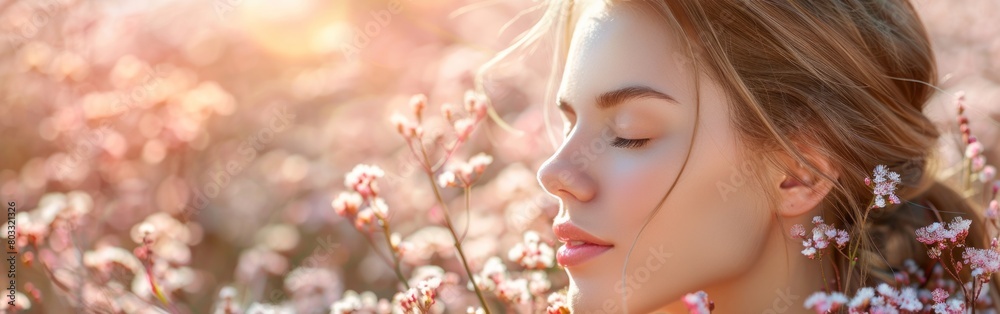 A woman standing amidst flowers, eyes closed in a field A woman standing amidst flowers, eyes closed in a field