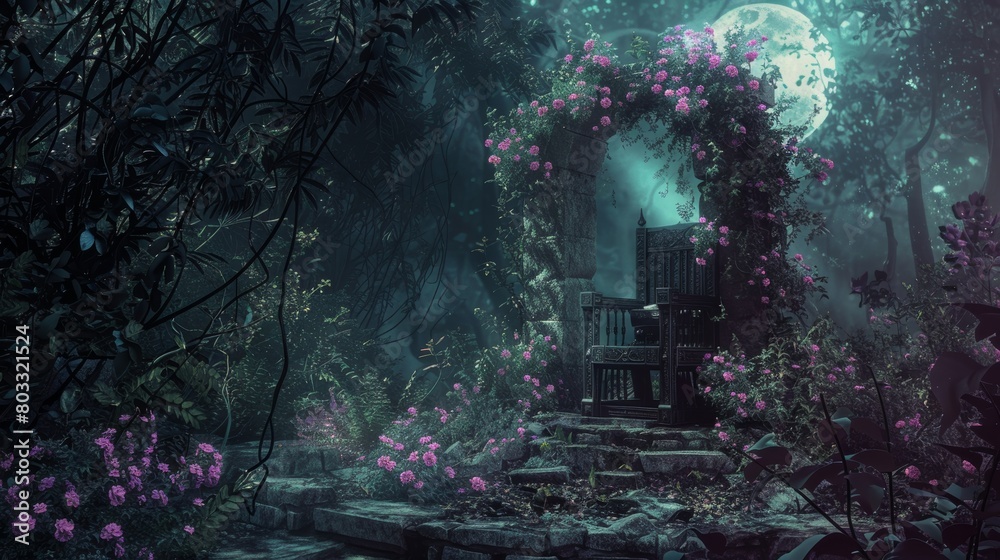 Mystical Garden Gate Under Moonlight With Flourishing Flowers