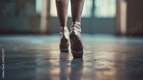 Close-up classic ballerina's legs in pointes on floor photo
