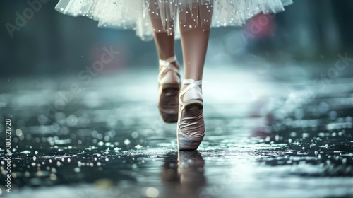 Close-up classic ballerina's legs in pointes on the road after the rain photo