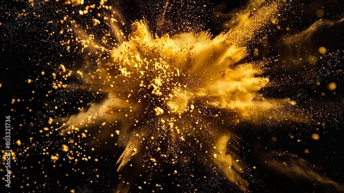 goldene Farbexplosion vor dunklem Hintergrund, rauchender Knall, Explosion aus goldenem Pulver
