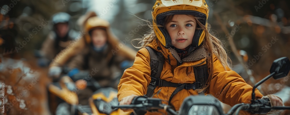 Child riding ATV in winter landscape Child riding ATV in winter landscape