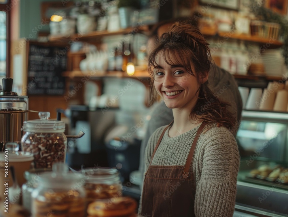 Portrait of a smiling young woman wearing an apron standing in a cafe