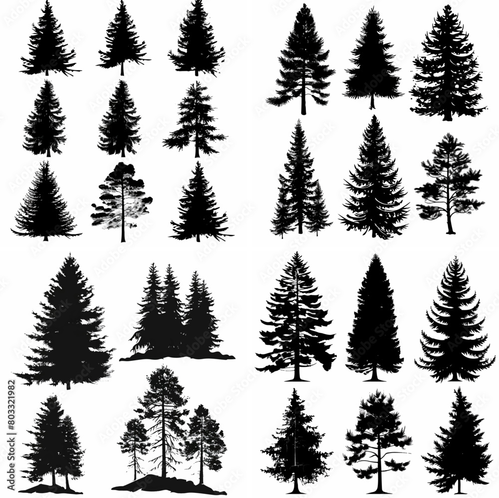 Obraz premium black tree silhouette set pure badge eco outline recreation breath emblem label protection graphic pine trunk woodland