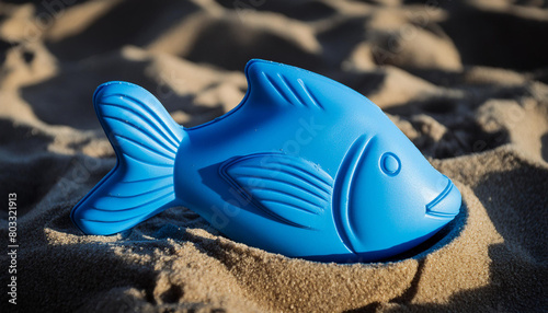 Close-up of blue children plastic sand mold in form of fish lying in sand on beach. Sand form.