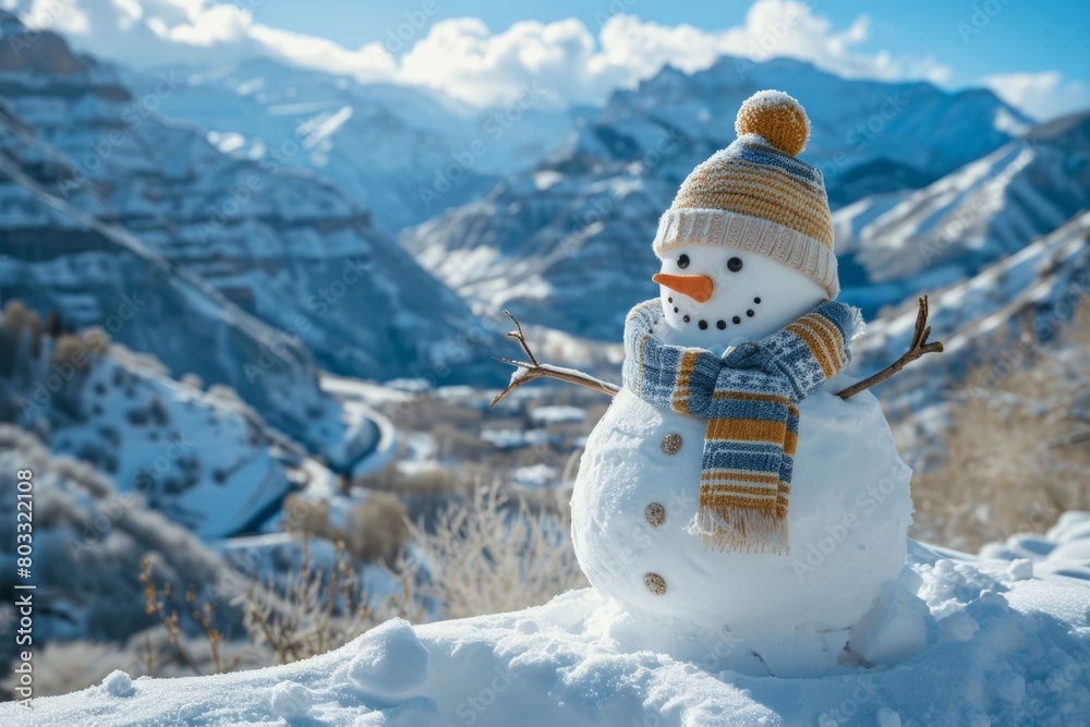 Obraz premium Snowman in a hat and scarf on the mountain