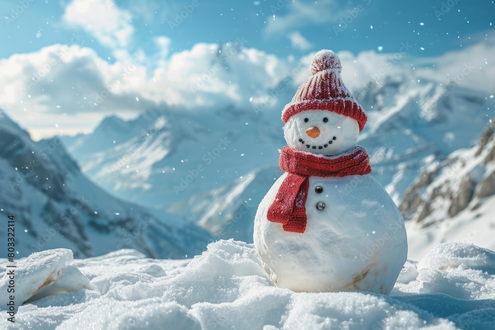 Obraz premium Snowman in a hat and scarf on the mountain. Copy space for text