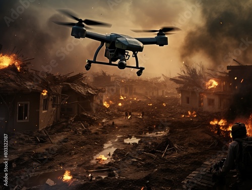 Realistic aerial view: drone capturing military action from above