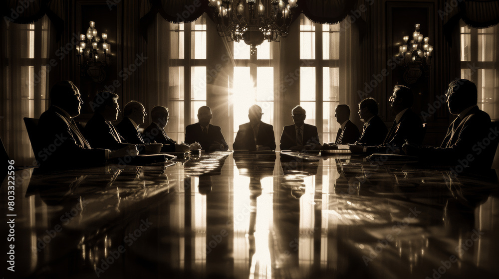 A group of men are sitting at a long table in a room A group of men are sitting at a long table in a room