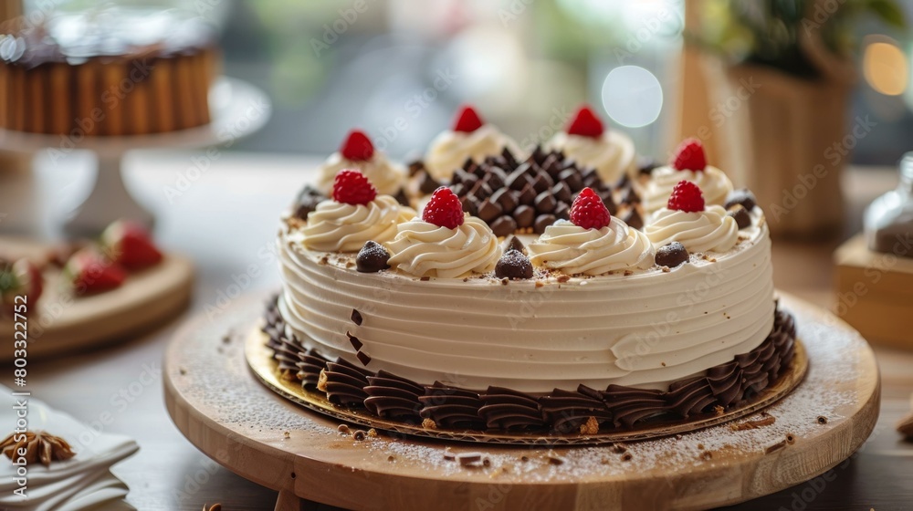 A cake with raspberries and chocolate shavings on top