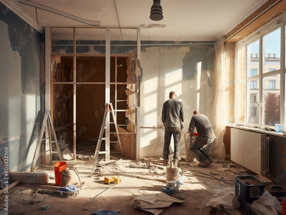 Realistic photo of apartment renovation work process with workers and tools