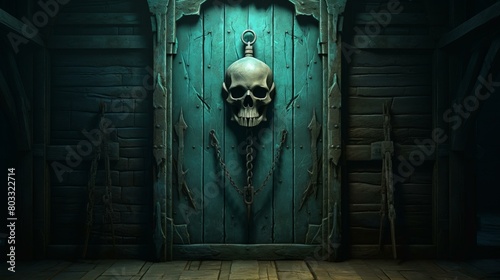 A wooden door with a skull-shaped doorknocker photo