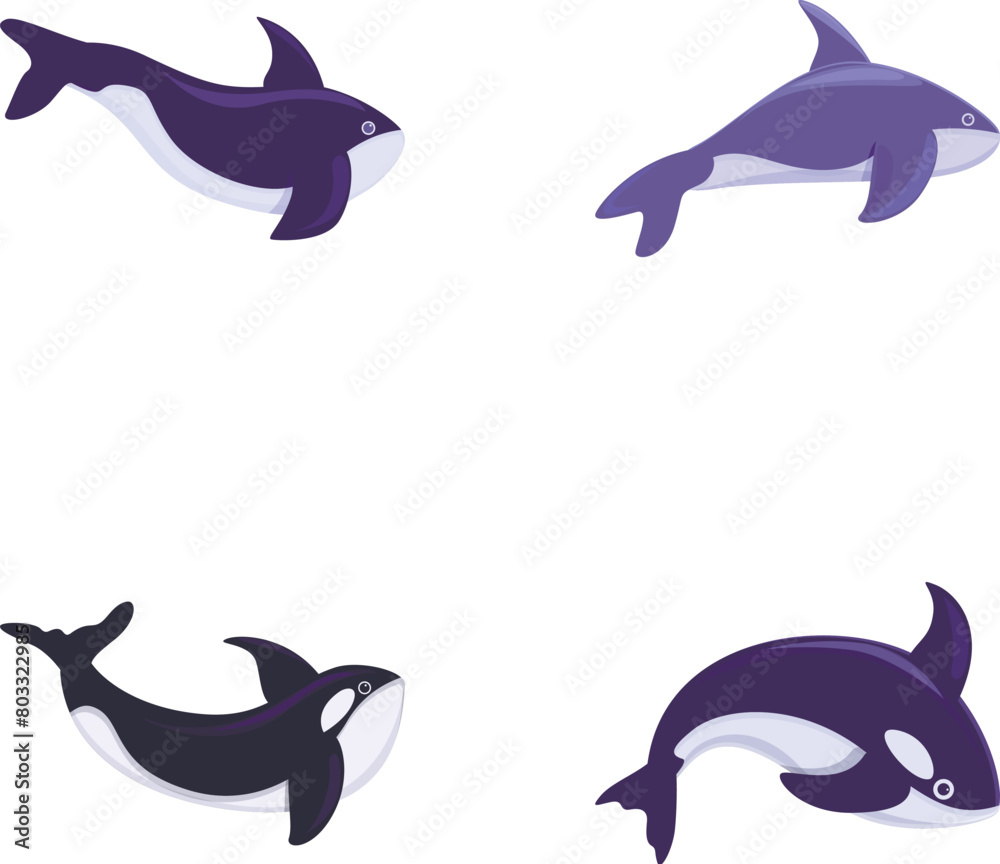 Fototapeta premium Orca icons set cartoon vector. Little cartoon cute killer whale. Whale orca, sea predator