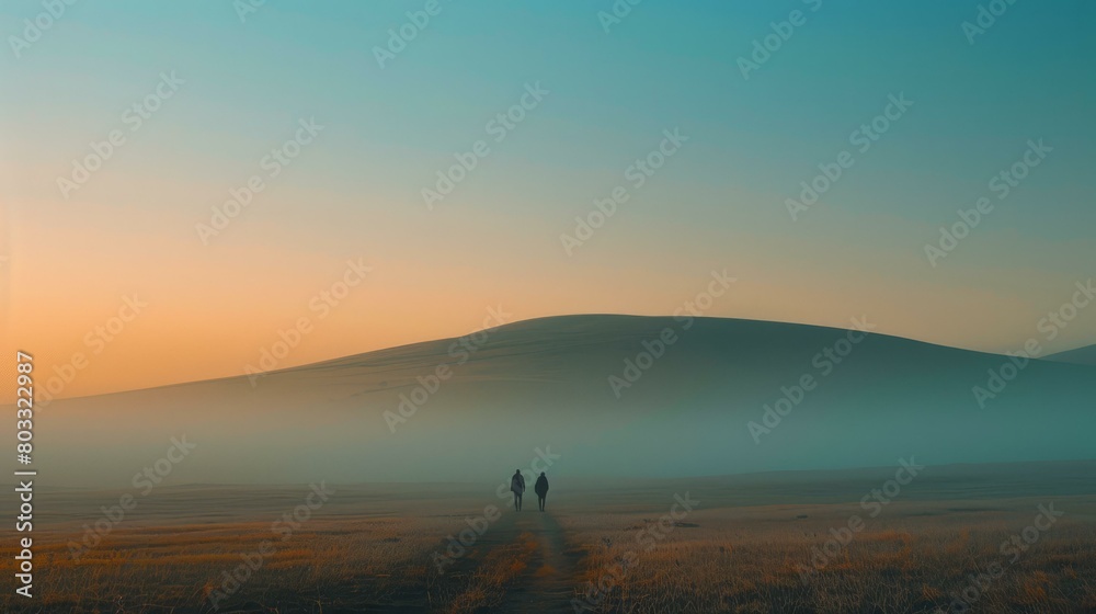 Two people walking on a hill during sunset