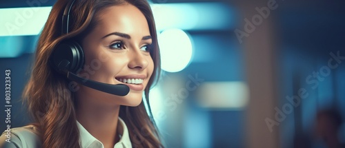 Realistic photo of customer service operator in call center office