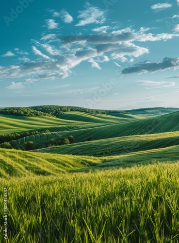 Green rolling hills under blue sky with clouds