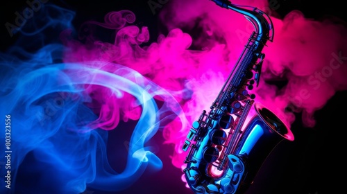 A saxophone with blue and pink neon lights shining on it.