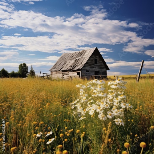 A weathered barn stands in a field of wildflowers, surrounded by a grove of trees